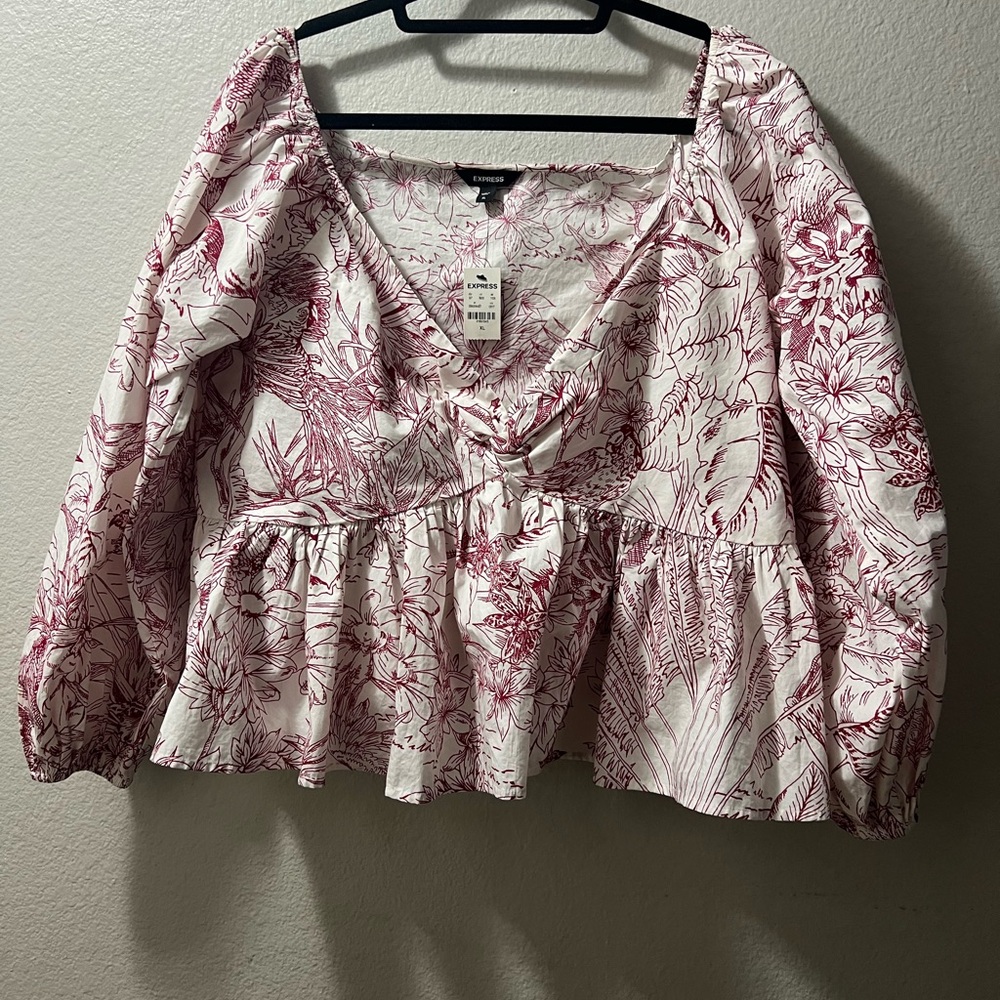 Express printed off the shoulder twist front peplum top size XL puffy sleeves - Picture 6 of 11